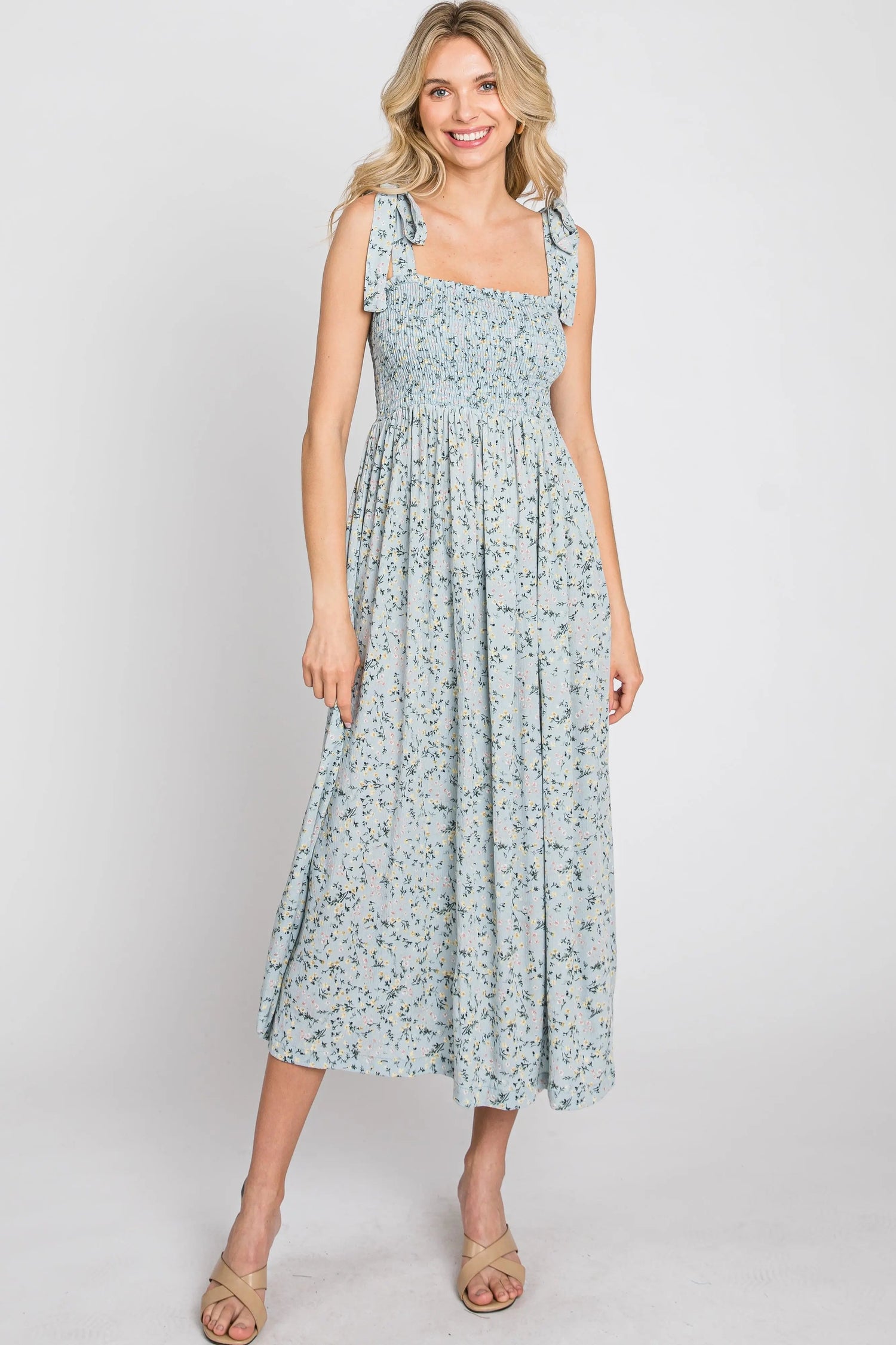 PinkBlush Light Blue Floral Smocked Tie Strap Midi Dress - 