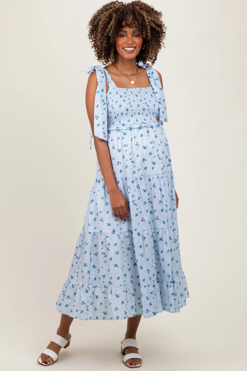 light blue maternity maxi dress Floral Striped Smocked Shoulder Tie Vintage Formal Dresses Emerald Green Sequin Mermaid Finished with statement puffed Size:6