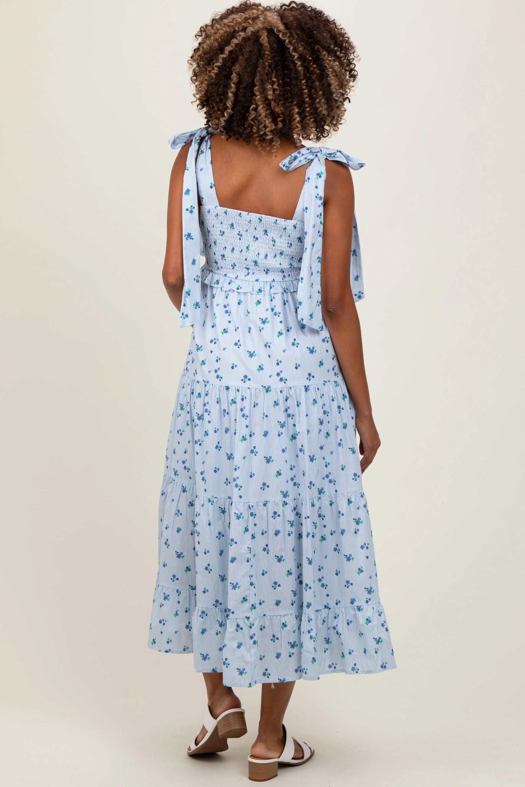 PinkBlush Light Blue Floral Striped Smocked Shoulder Tie Maternity Maxi Dress - 