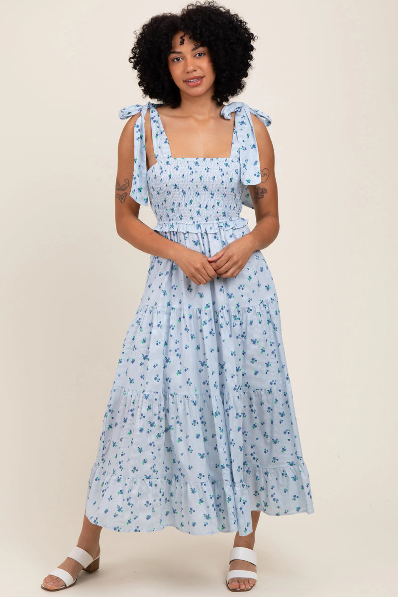 Light Blue Floral Striped Smocked Shoulder Tie Maternity Maxi Dress Small - PinkBlush