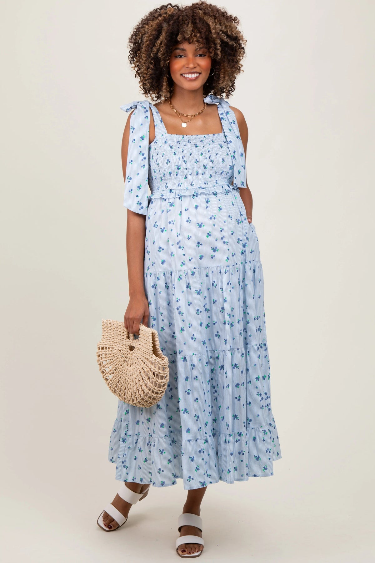 PinkBlush Light Blue Floral Striped Smocked Shoulder Tie Maternity Maxi Dress - 