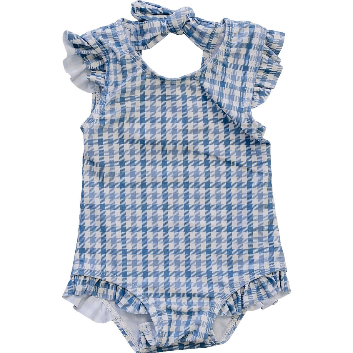 Mebie Baby Light Blue Gingham Baby One Piece Swimsuit With Ruffles And Tie Back - 