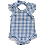 Mebie Baby Light Blue Gingham Baby One Piece Swimsuit With Ruffles And Tie Back - 