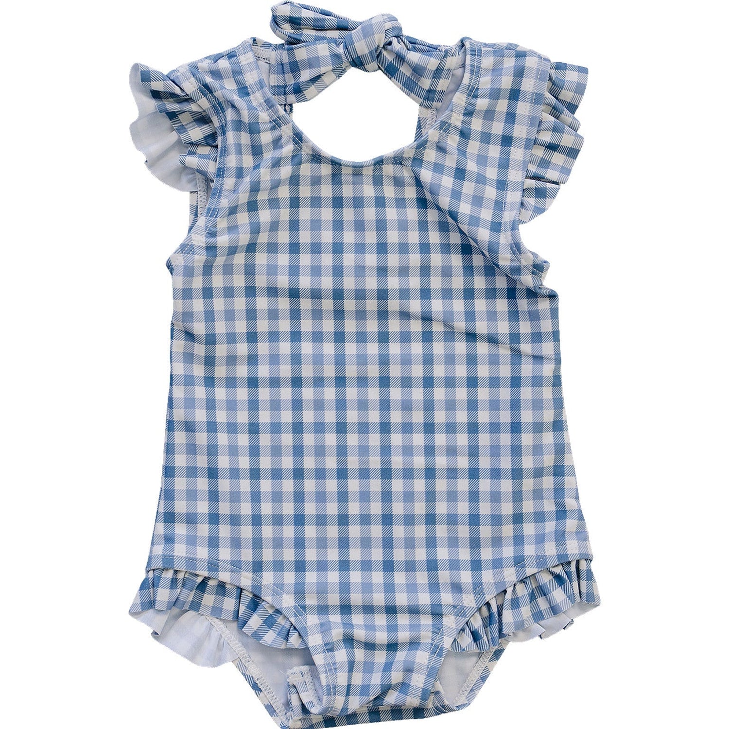 Mebie Baby Light Blue Gingham Baby One Piece Swimsuit With Ruffles And Tie Back - 