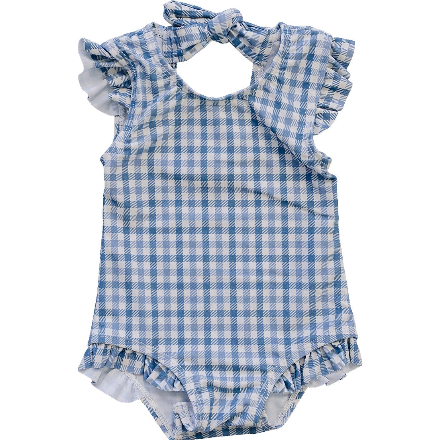 Mebie Baby Light Blue Gingham Baby One Piece Swimsuit With Ruffles And Tie Back - 