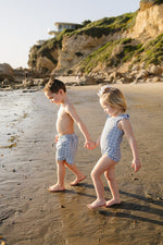 Mebie Baby Light Blue Gingham Baby One Piece Swimsuit With Ruffles And Tie Back - 
