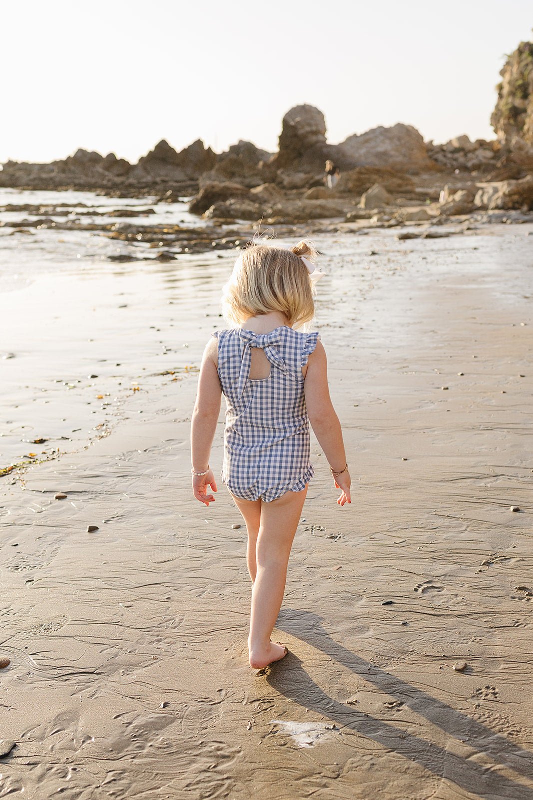 Mebie Baby Light Blue Gingham Baby One Piece Swimsuit With Ruffles And Tie Back - 