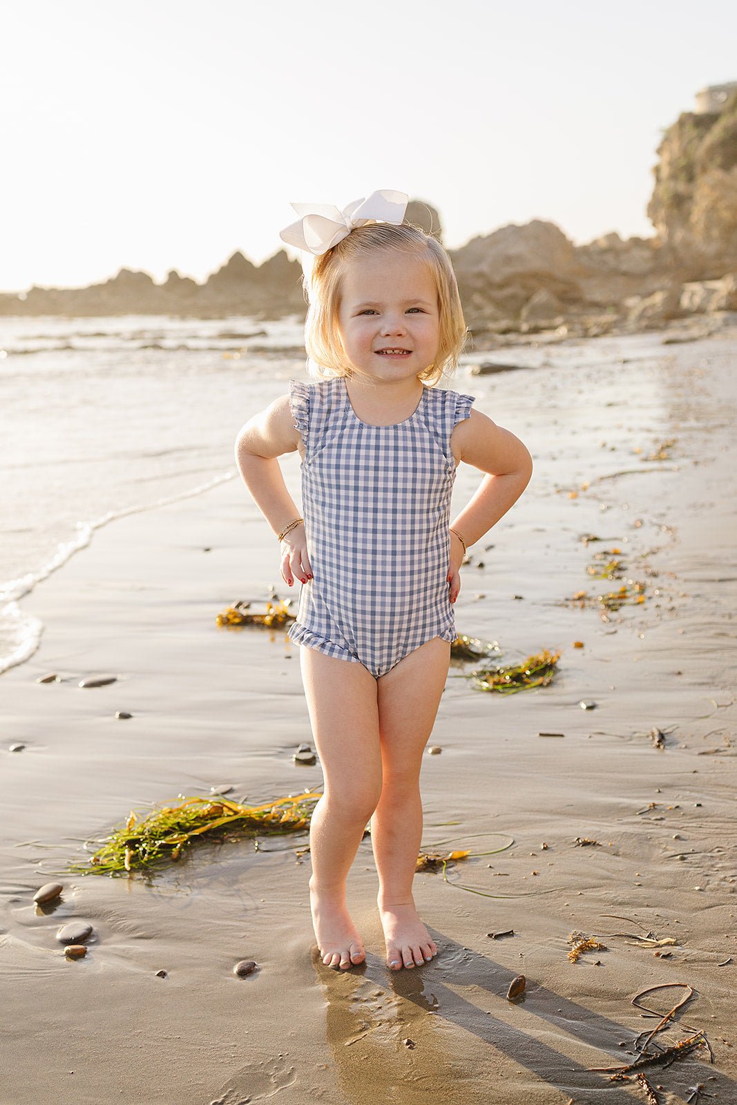 Mebie Baby Light Blue Gingham Baby One Piece Swimsuit With Ruffles And Tie Back - 