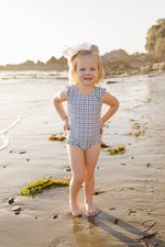 Mebie Baby Light Blue Gingham Baby One Piece Swimsuit With Ruffles And Tie Back - 