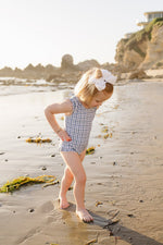 Mebie Baby Light Blue Gingham Baby One Piece Swimsuit With Ruffles And Tie Back - 