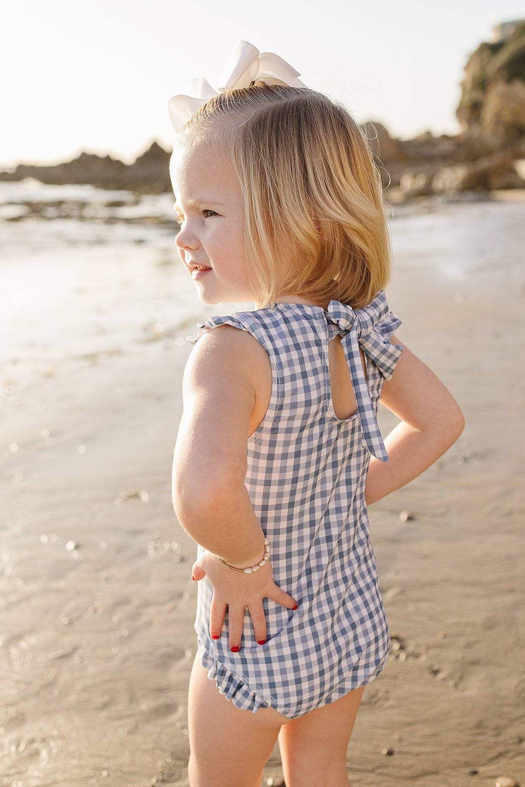 Mebie Baby Light Blue Gingham Baby One Piece Swimsuit With Ruffles And Tie Back - 