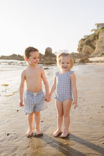 Mebie Baby Light Blue Gingham Baby One Piece Swimsuit With Ruffles And Tie Back - 