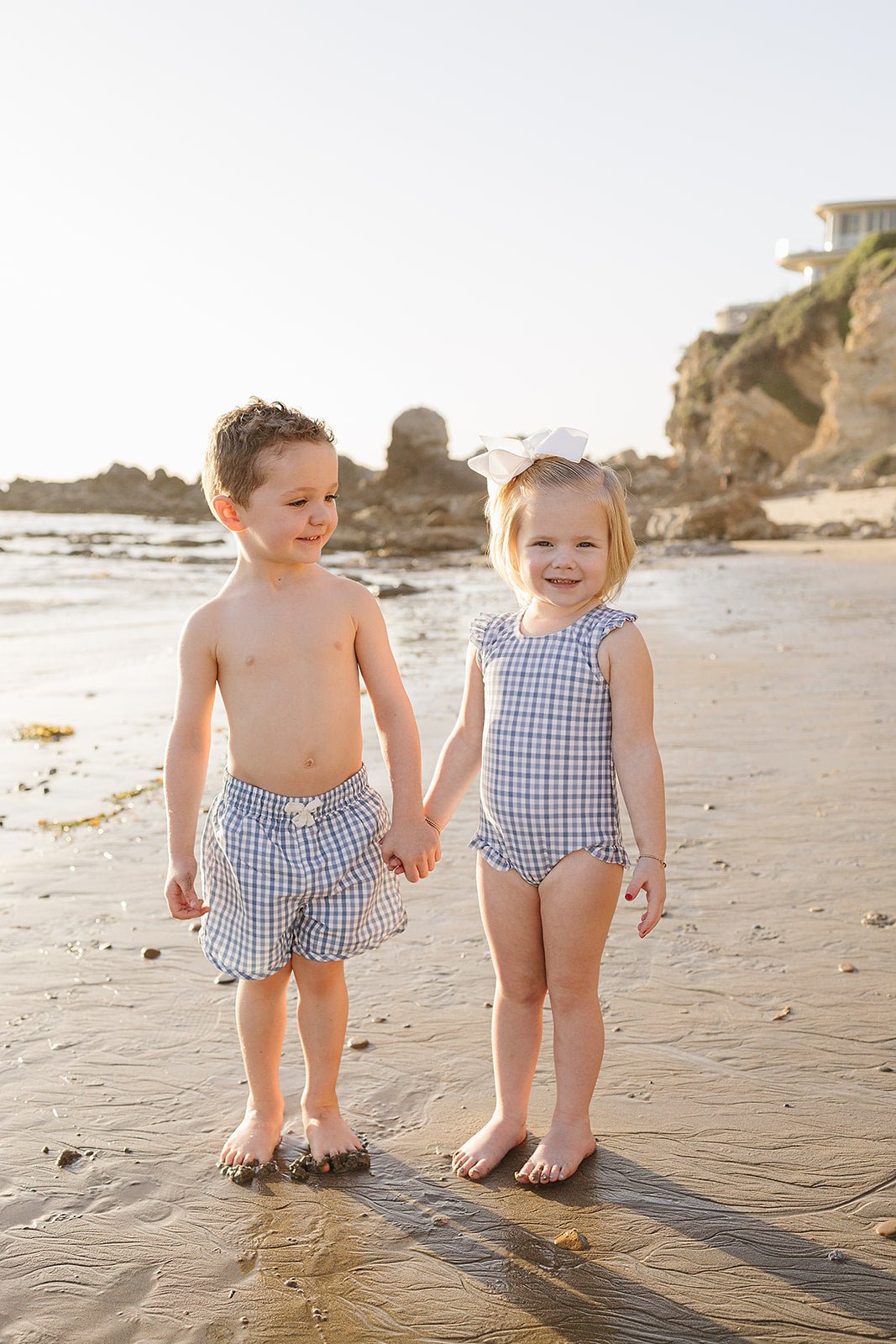 Mebie Baby Light Blue Gingham Baby One Piece Swimsuit With Ruffles And Tie Back - 