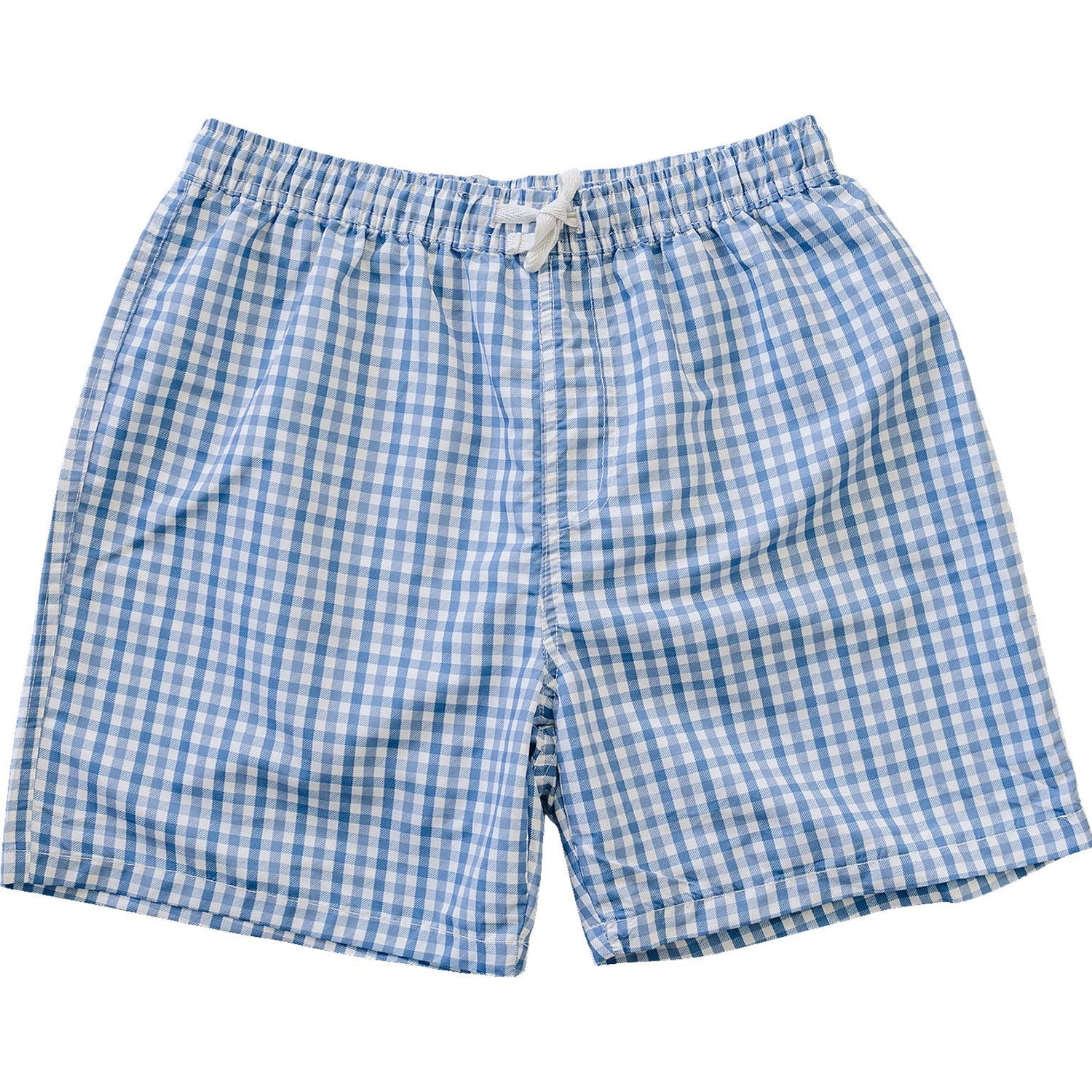 Men's swim shorts in light blue gingham pattern with an adjustable drawstring waistband.