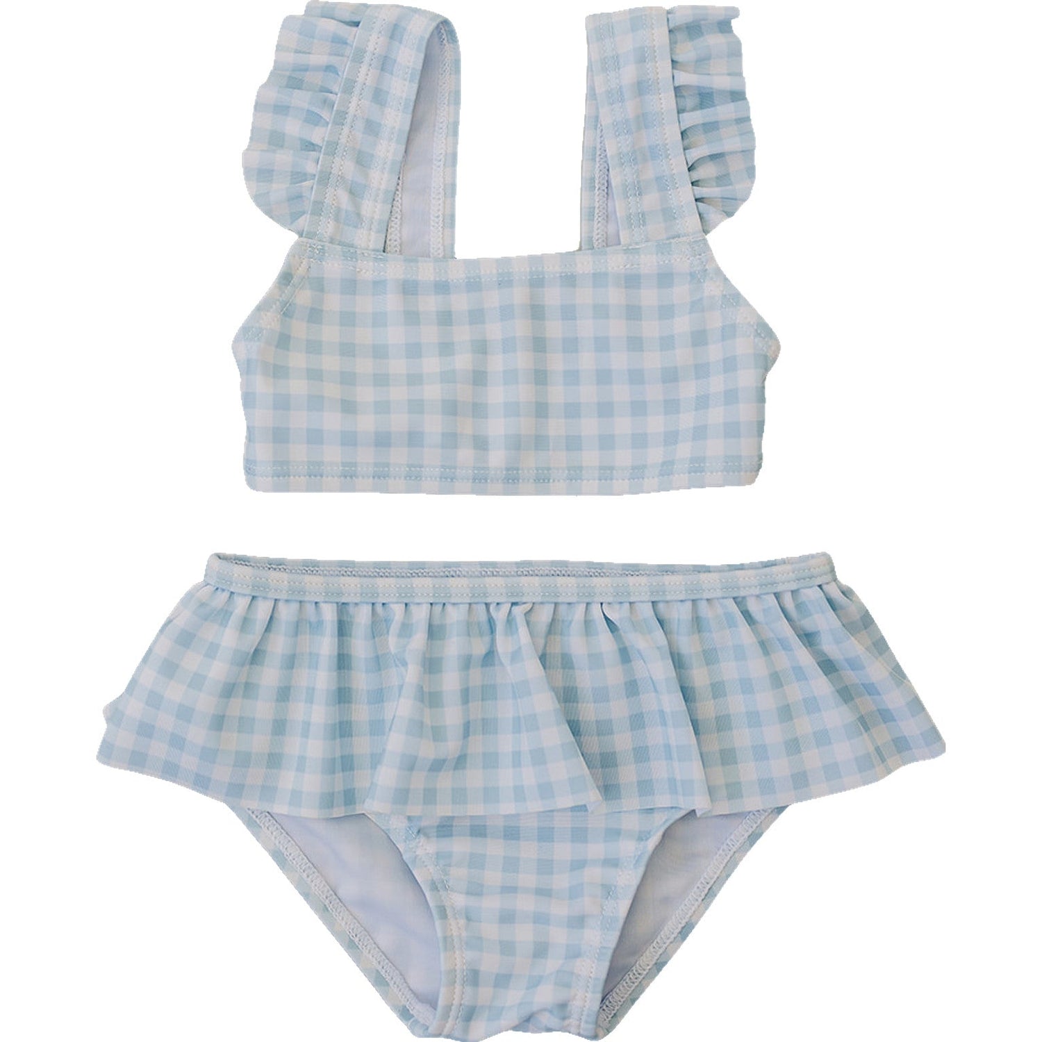 Two-piece baby bikini set in light blue gingham with ruffle trim on the top and matching bottoms