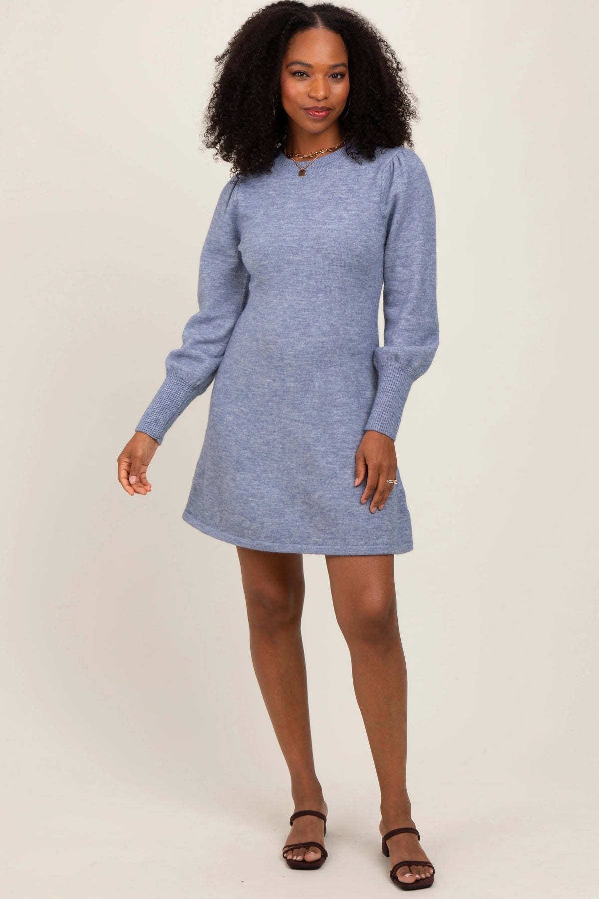 PinkBlush Light Blue Knit Bubble Sleeve Maternity Mini Dress - 