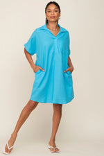 PinkBlush Light Blue Linen Dress with Front Pocket for Stylish Summer Wear - 