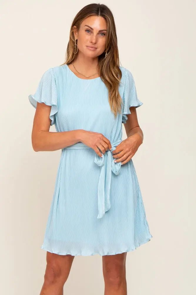 Light Blue Pleated Front Tie Dress - Dress, Day Dress, One-piece garment, Ruffle, Cocktail dress | Everetts Place