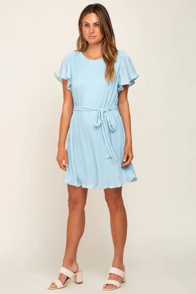 PinkBlush Light Blue Pleated Front Tie Dress - 