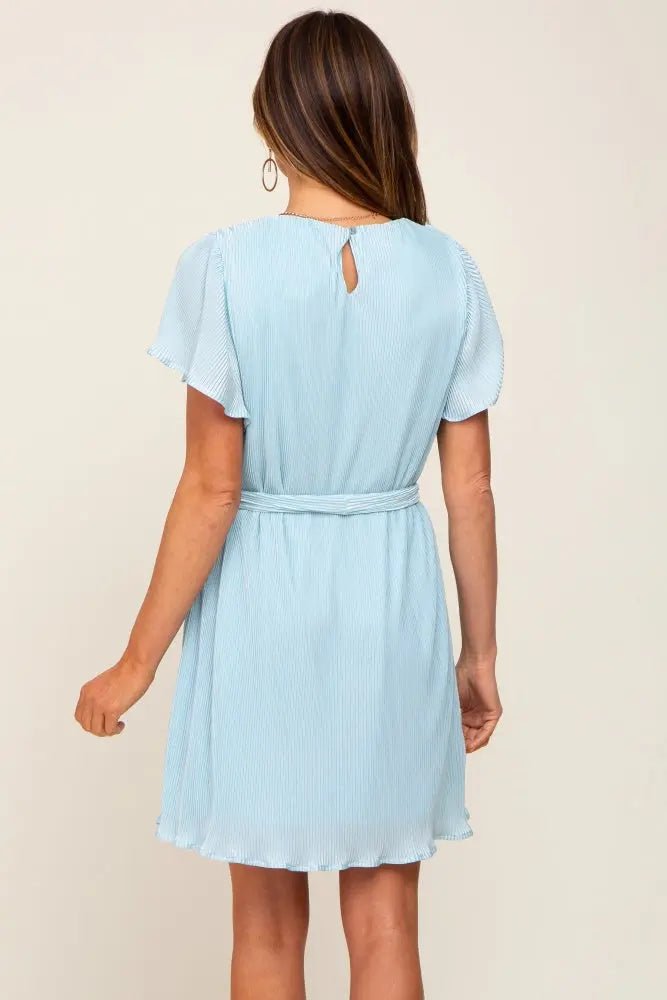 PinkBlush Light Blue Pleated Front Tie Dress - 