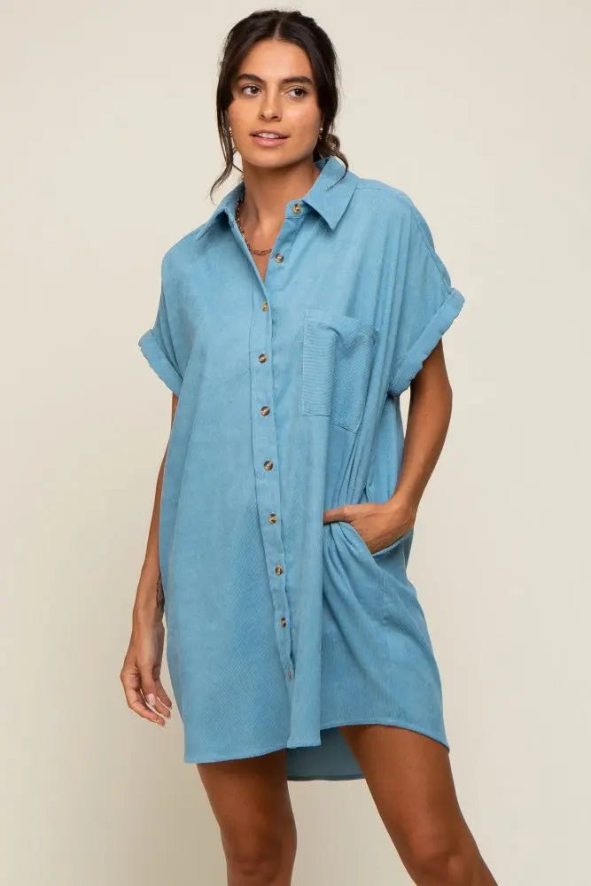 PinkBlush Light Blue Ribbed Button Down Mini Dress - 
