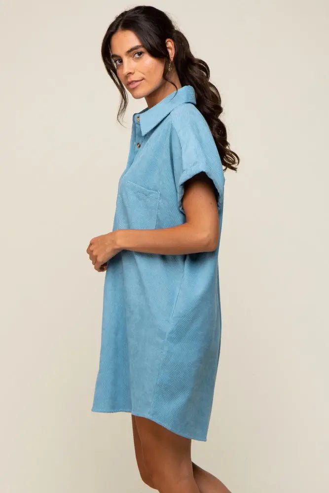 PinkBlush Light Blue Ribbed Button Down Mini Dress - 