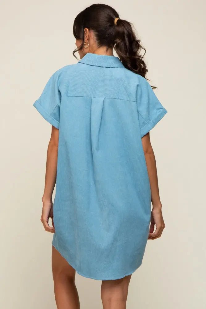 PinkBlush Light Blue Ribbed Button Down Mini Dress - 