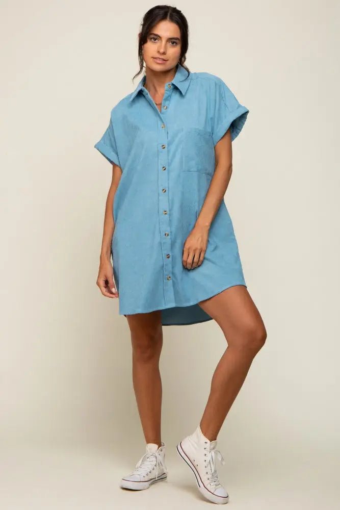 PinkBlush Light Blue Ribbed Button Down Mini Dress - 