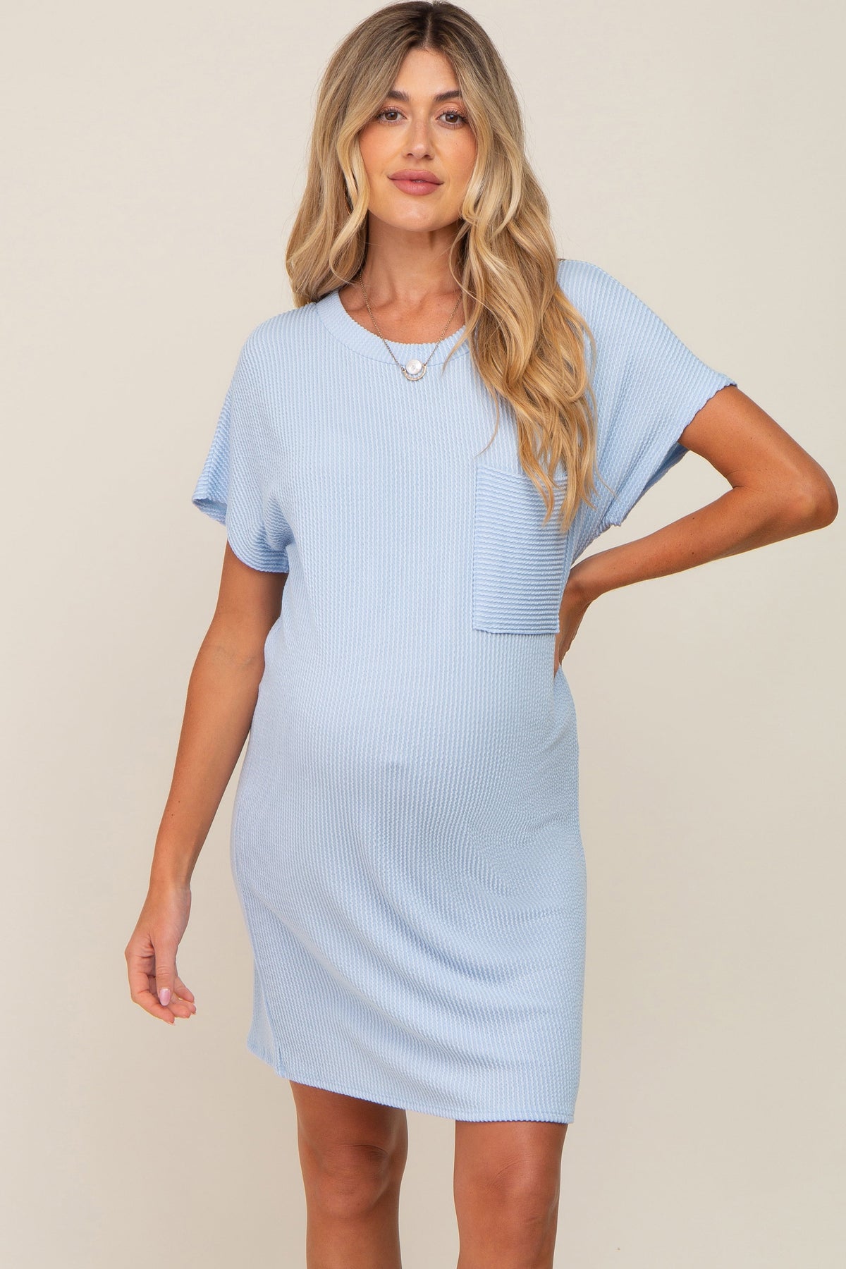 PinkBlush Light Blue Ribbed Front Pocket Dolman Short Sleeve Maternity Dress Everetts Place