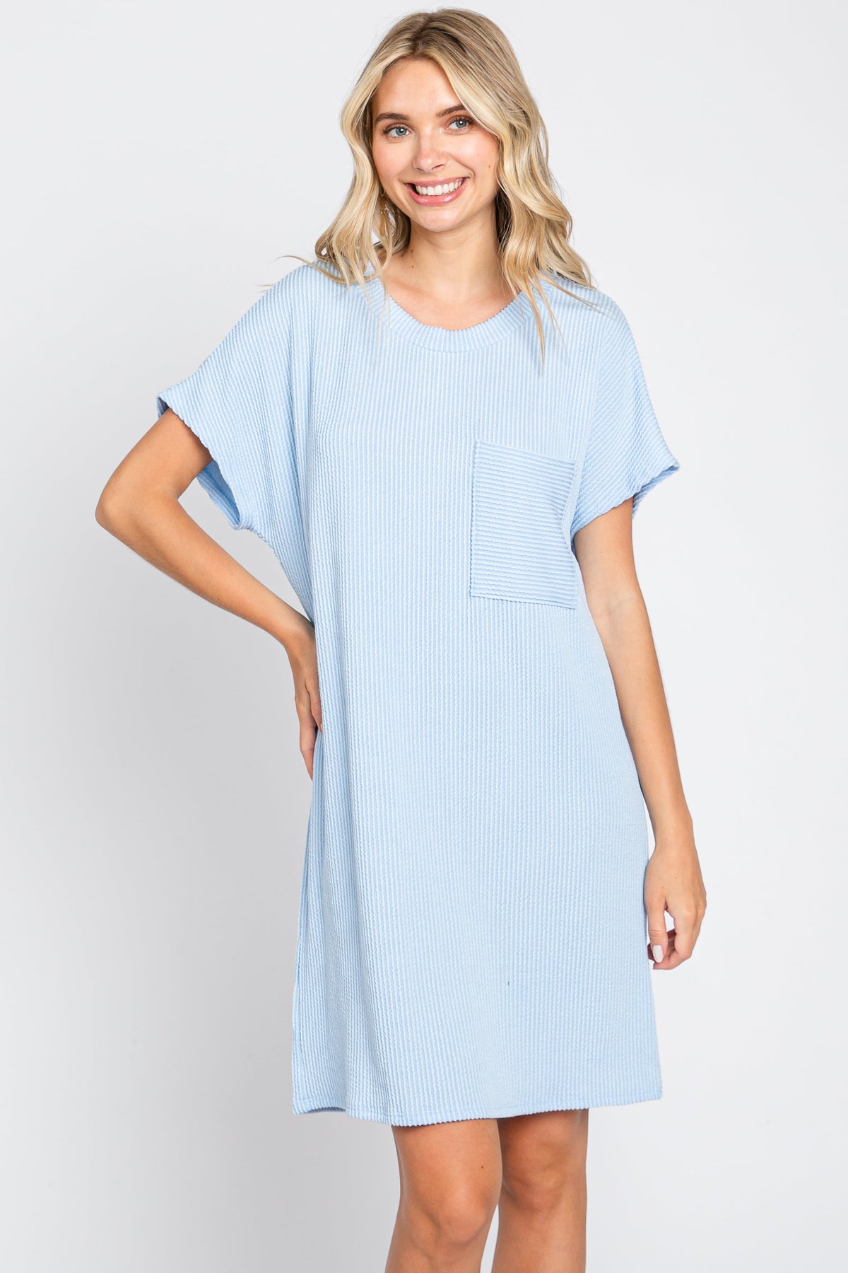 PinkBlush Light Blue Ribbed Front Pocket Dolman Short Sleeve Maternity Dress Everetts Place