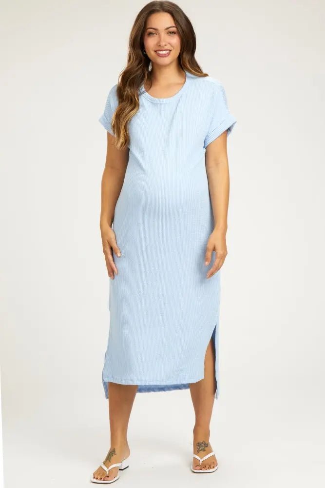 Light Blue Ribbed Short Sleeve Maternity Midi Dress - One-piece garment, Day Dress, Dress, Person, Sandal | Everetts Place