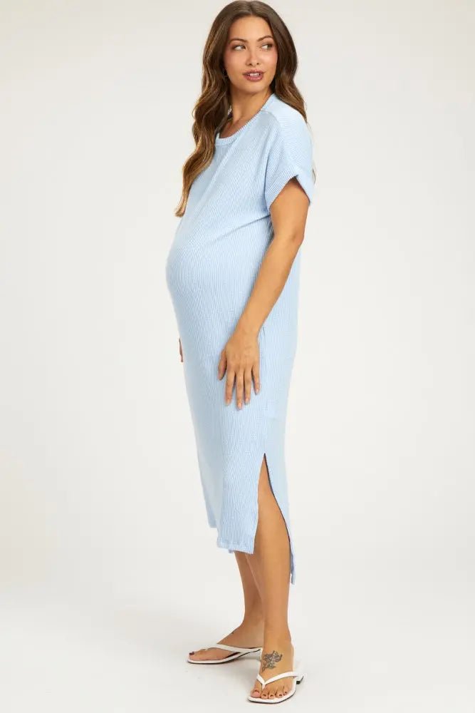 PinkBlush Light Blue Ribbed Short Sleeve Maternity Midi Dress - 