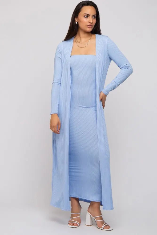 PinkBlush Light Blue Ribbed Sleeveless Dress Cardigan Maternity Set - 