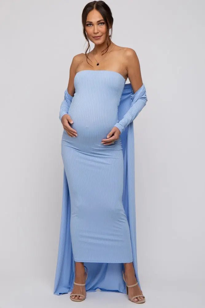 PinkBlush Light Blue Ribbed Sleeveless Dress Cardigan Maternity Set - 
