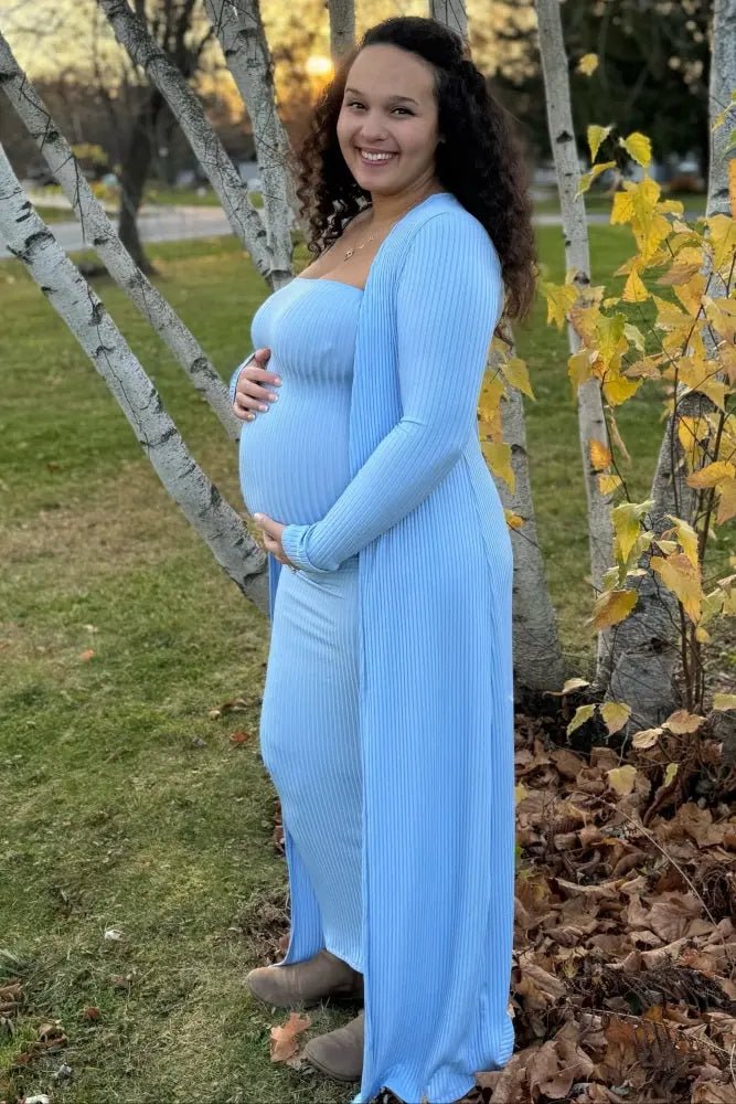 PinkBlush Light Blue Ribbed Sleeveless Dress Cardigan Maternity Set - 