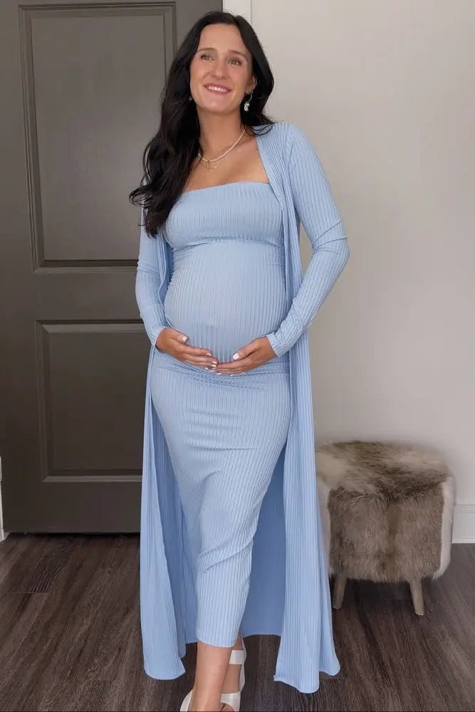 PinkBlush Light Blue Ribbed Sleeveless Dress Cardigan Maternity Set - 