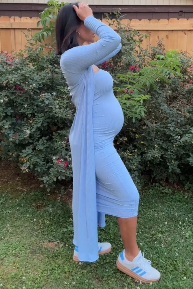 PinkBlush Light Blue Ribbed Sleeveless Dress Cardigan Maternity Set - 