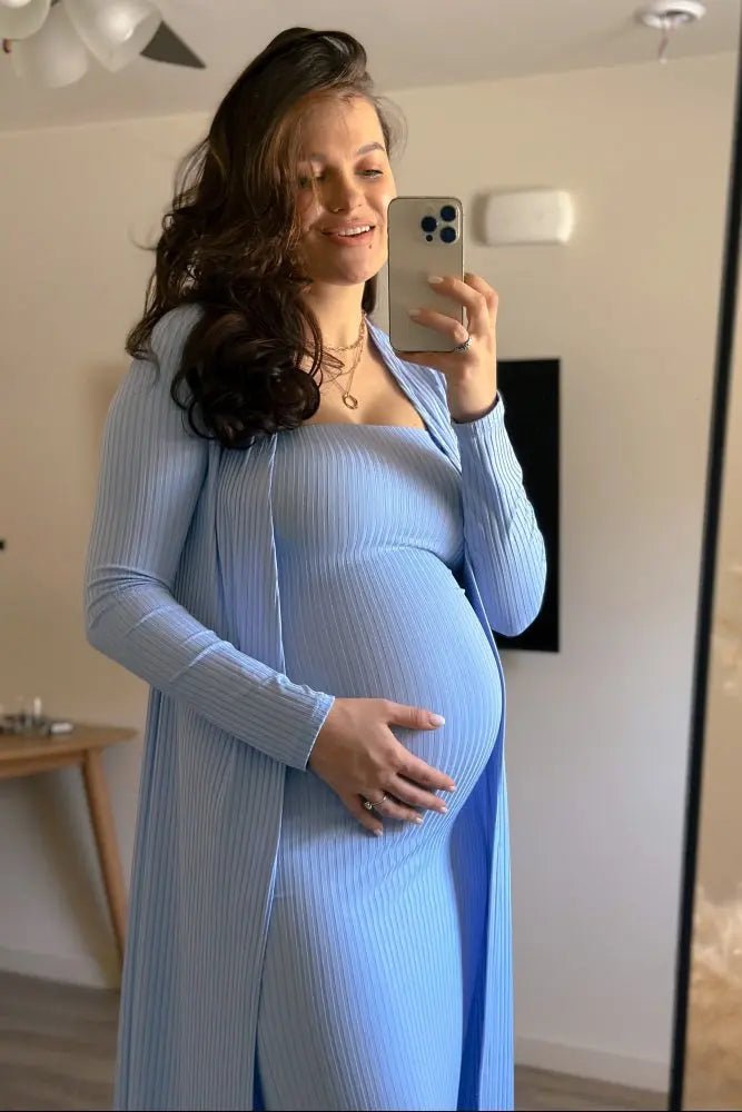 PinkBlush Light Blue Ribbed Sleeveless Dress Cardigan Maternity Set - 