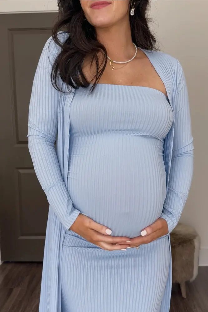 PinkBlush Light Blue Ribbed Sleeveless Dress Cardigan Maternity Set - 