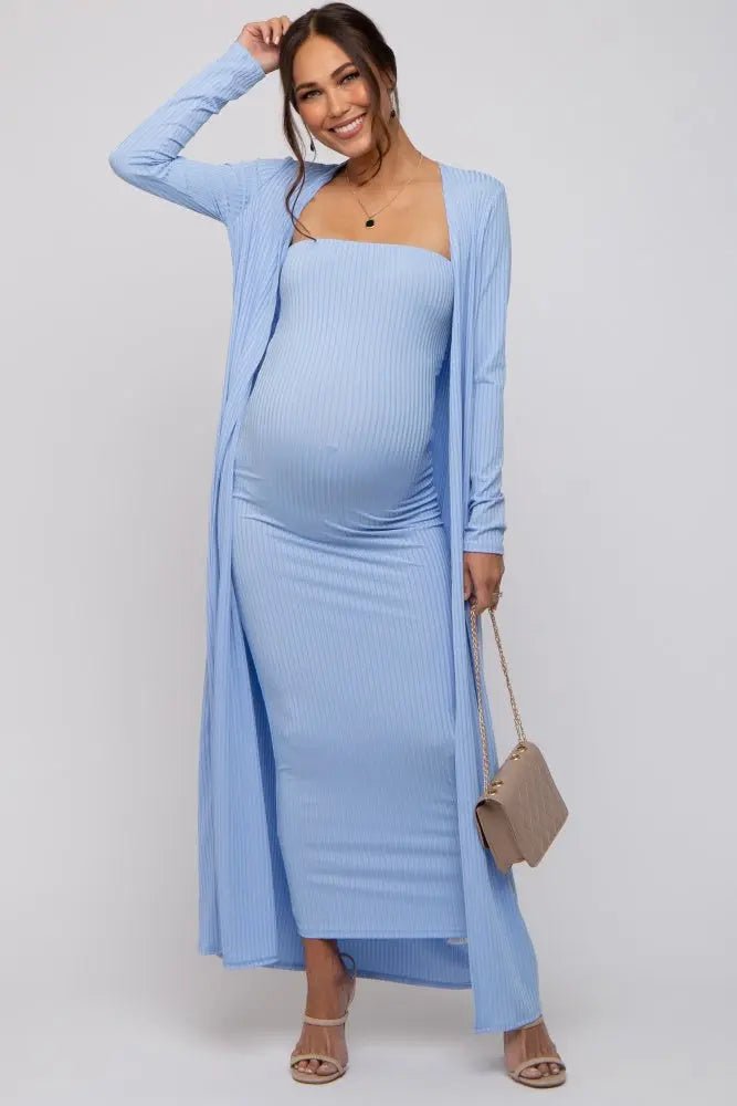 PinkBlush Light Blue Ribbed Sleeveless Dress Cardigan Maternity Set - 