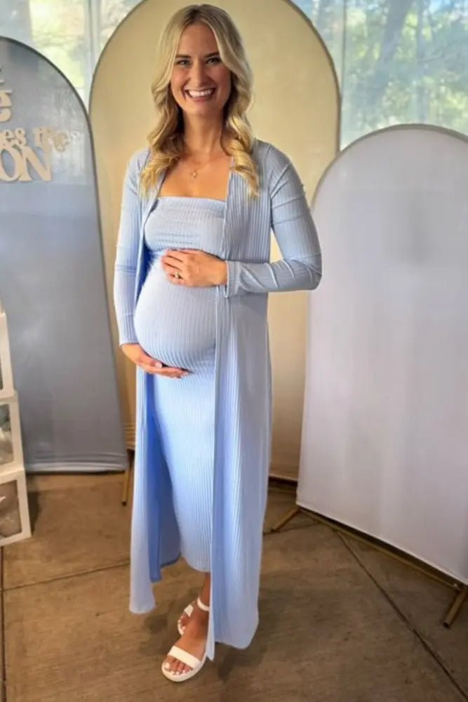 PinkBlush Light Blue Ribbed Sleeveless Dress Cardigan Maternity Set - 