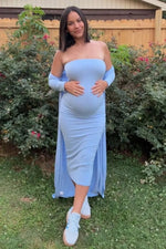 PinkBlush Light Blue Ribbed Sleeveless Dress Cardigan Maternity Set - 