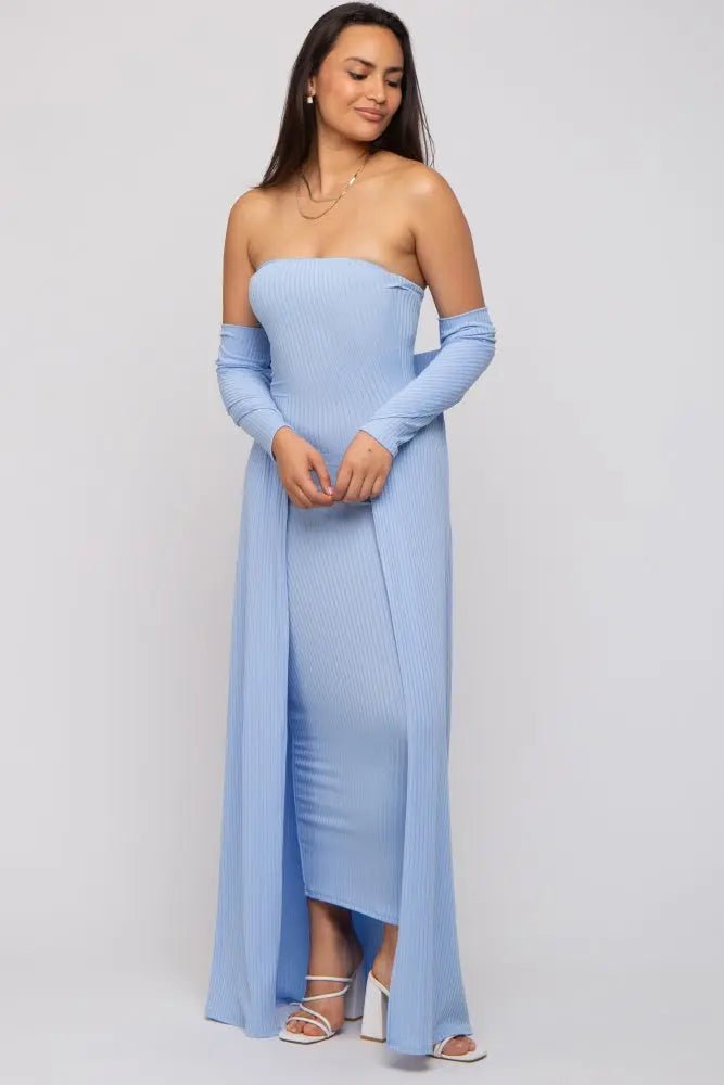 PinkBlush Light Blue Ribbed Sleeveless Dress Cardigan Set - 