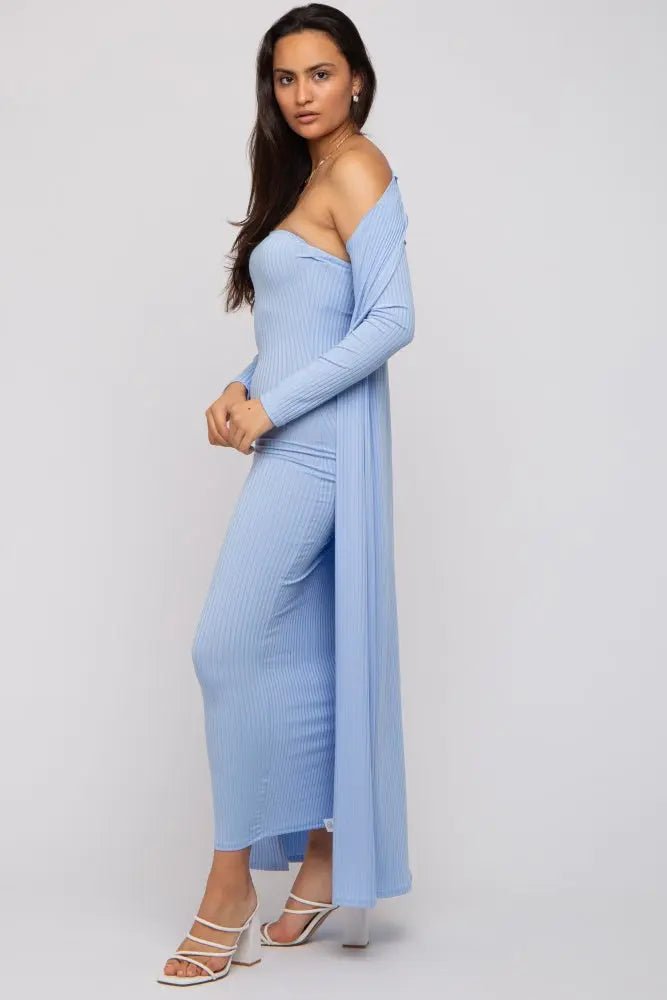 PinkBlush Light Blue Ribbed Sleeveless Dress Cardigan Set - 