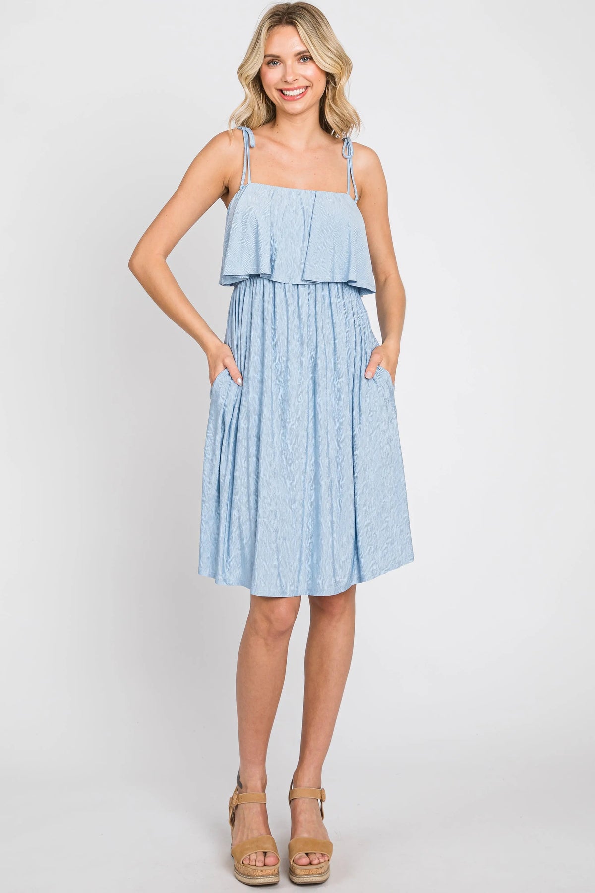 PinkBlush Light Blue Ruffle Overlay Shoulder Tie Dress - 