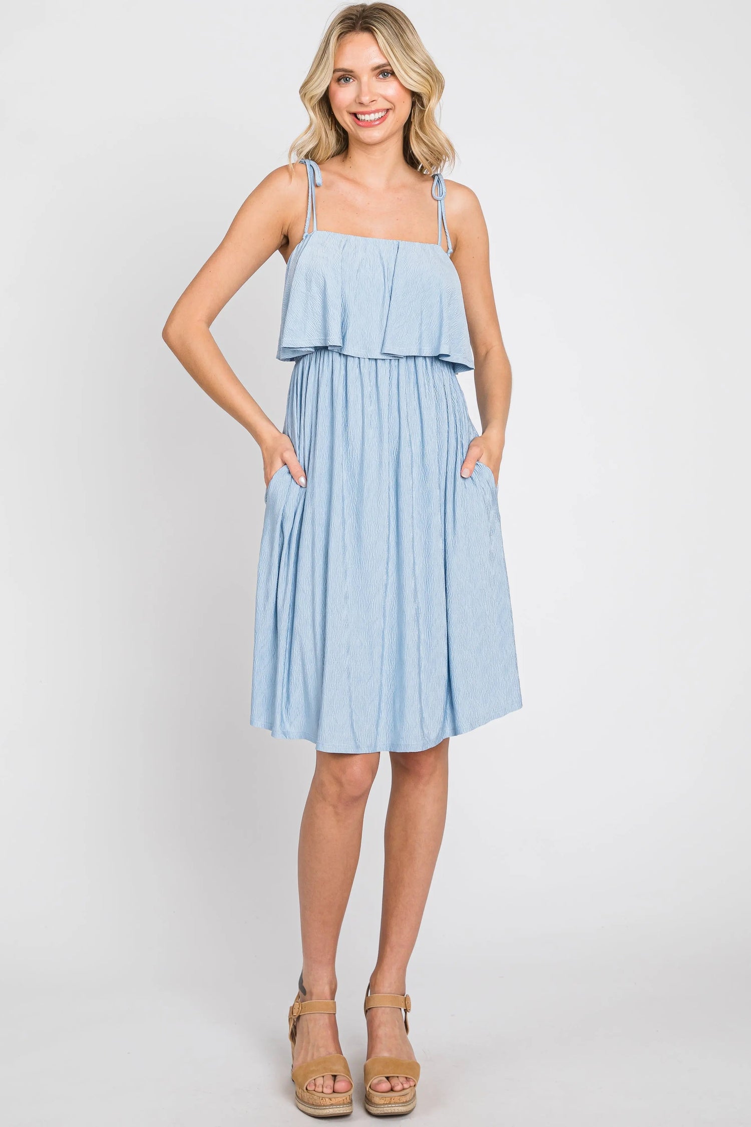 PinkBlush Light Blue Ruffle Overlay Shoulder Tie Dress - 