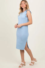 PinkBlush Light Blue Ruffle Sleeve Textured Midi Dress - 