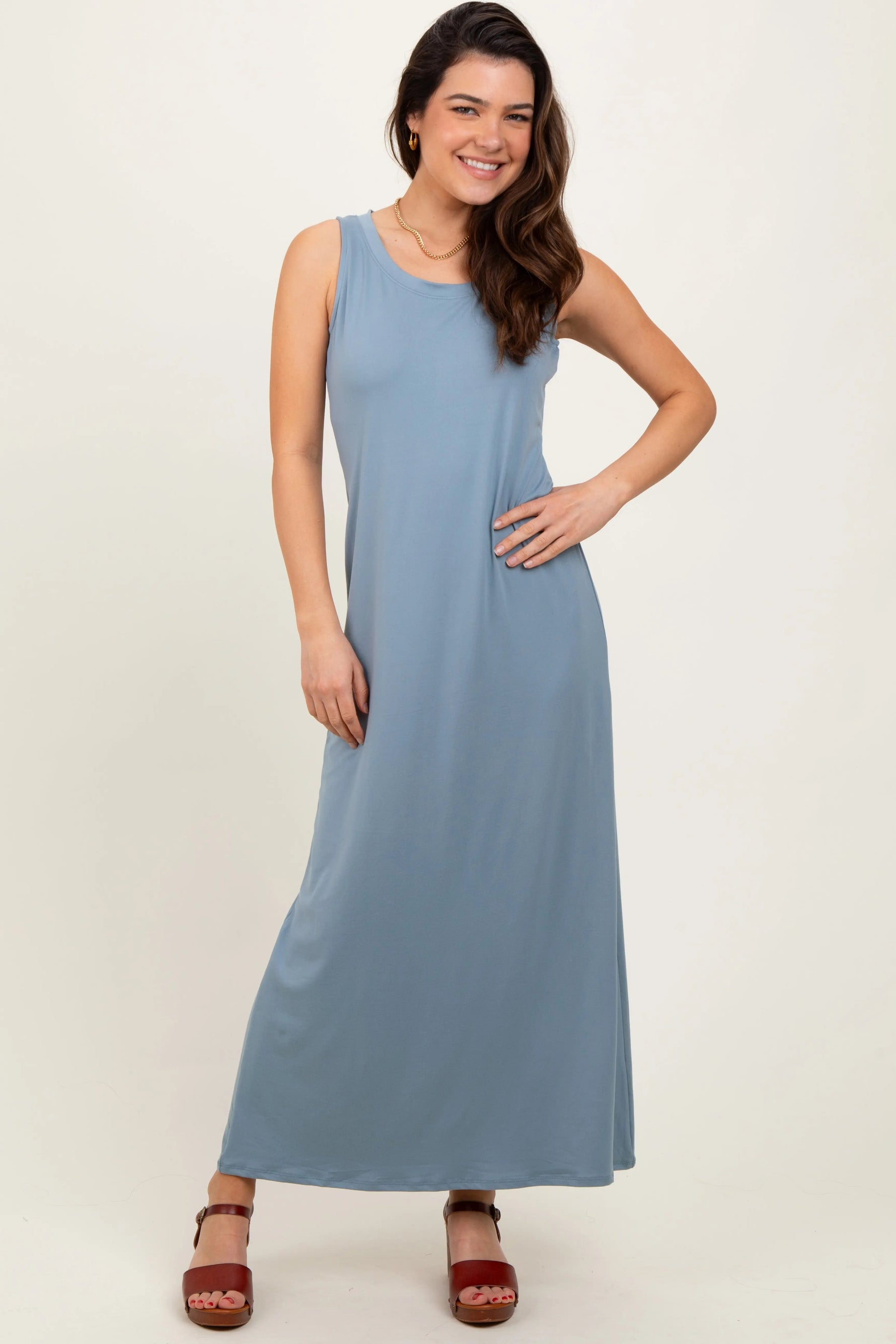 PinkBlush Light Blue Sleeveless Flared Scoop Neck Maxi Dress - 
