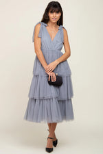 PinkBlush Light Blue Sleeveless Tiered Tie Strap Tulle Midi Dress - 