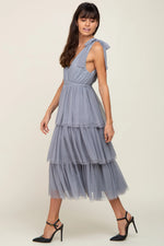 PinkBlush Light Blue Sleeveless Tiered Tie Strap Tulle Midi Dress - 